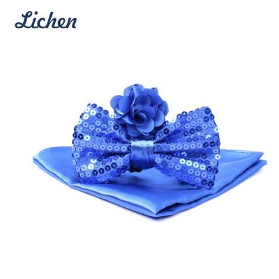 China 100% handmade royal blue shiny sequin bow ties with lapel-pin men's room show wear for sale