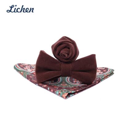 China 100% handmade custom design handkerchief with same group velvet fabric men self tie bow tie with flower lapel-pin, handkerchief wedding gift sets for sale