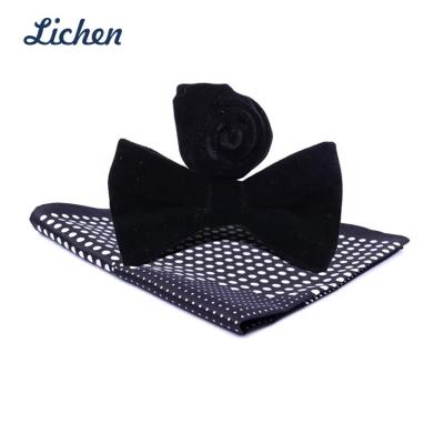 China 100% Handmade Black Velvet Cloth Mens Self Tie Flashing Bow Ties with Flower Lapel-Pin, Handkerchief Wedding Gift Sets for sale