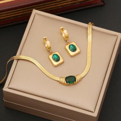 China Hot Selling Vintage Stainless Steel Cuban Jewelry Sets Emerald Jewelry Set Emerald Crystal Eyes Stainless Steel Chain For Women for sale