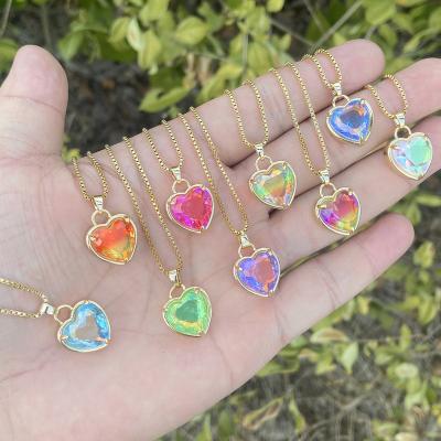 China Wholesale Butterfly Stainless Steel Gold Heart Necklace Gradient Color Crystal Zircon Heart Pendant Necklace Female Jewelry for sale