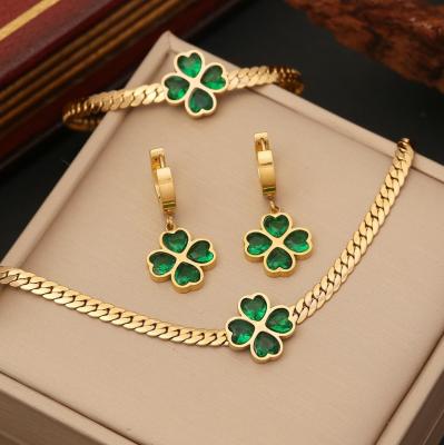 China Heart Women Jewelry Sets Gold Plated Emerald Heart Stainless Steel Necklace Bracelet Earring Set for sale