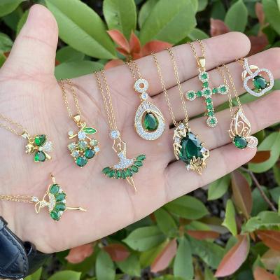 China Gold Cross Crystal Emerald Pendant Necklace Irregular Emerald Zircon Pendant Necklace 18k Stainless Steel Chain for sale