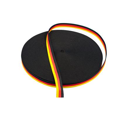 China Soft and smooth Strong Color Fastness Manufacturer customized polyester three twill webbing red, yellow and black twill webbing for sale