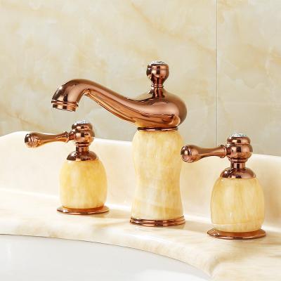 China Gold Bathroom Sink Faucet Jade Faucet Basin Faucet High Quality Natural Finish Brass Thermostatic Mixer 3 Holes Luxury Faucet for sale