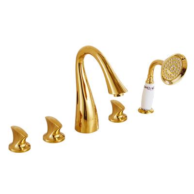 China Without Slide Bar Bathroom Basin Faucet Gold Hot And Cold Widespread Basin Mixer Tap for sale