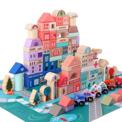 China MODEL TOY Hot selling montessori blocks traffic colorful city wooden stacking building blocks sets educational toys for kids and children for sale