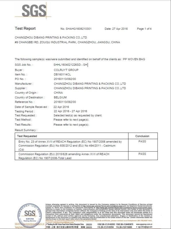 SGS Cadmium and Lead Test - Changzhou Dibang Printing & Packing Co., Ltd