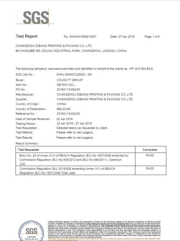 SGS REACH Regulation - Changzhou Dibang Printing & Packing Co., Ltd