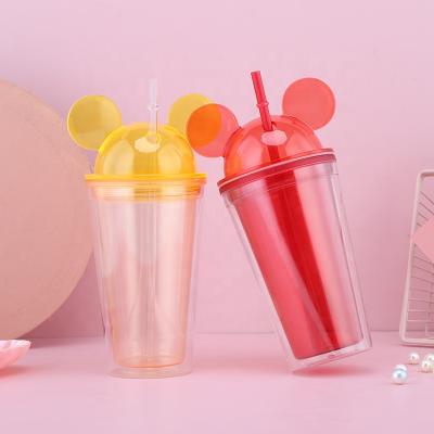 China Wholesale cute transparent double wall straw cup thermal insulation tumbler gift stored plastic cold cup with printed logo for sale