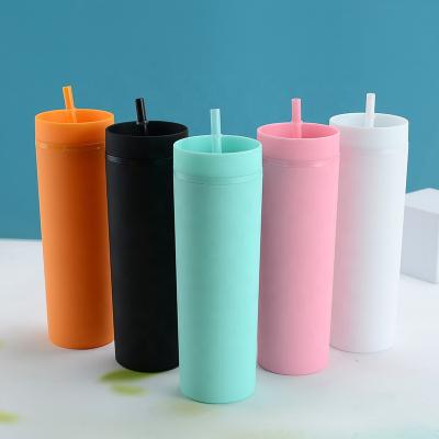 China New 16OZ Double Wall Tumbler Material Wholesale Plastic Lean Colored Straw Cup Stocked Plastic Tumblers With Lid Straw for sale