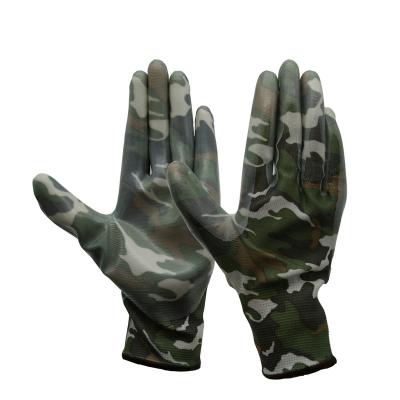 China Anti-Slip 13G Printed Polyester Coating Clear Smooth Finish Nitrile Coated Camouflage Garden Gloves for sale