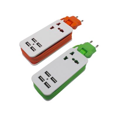 China PC+ABS Flame Retardant Universal Power Strip Mini Portable Travel Plug 1 Outlets With 4 USB Ports Wrapped Cord Design for sale