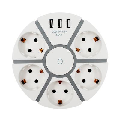 China German Residential/All-Purpose Multi Outlet Extension Cord With 3 USB Ports Power Strip With Overload Protector Round Design 2m Long Power Cord White for sale