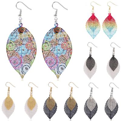 China Environmentally Friendly Wholesale Popular Explosive Leaf Earrings Vintage Styles Double Layer Single Cavity Out Of Drop Leaf Earrings for sale