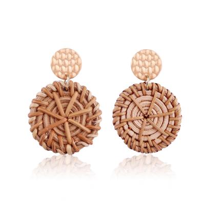 China Popular BOHEMIA Vintage Fashion Handmade Wooden Jewelry Round Rattan Straw Wooden Drop Earrings For Women for sale