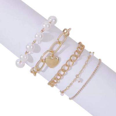 China Hiphop/punk bead hip hop jewelry heart link chain men women bracelets fashionable baroque charm bead bracelet set wholesale for sale