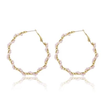 China Trendy Retro Fashion Natural Pearl Hoop Earrings Elegant Cross Hoop Earrings Circle Pearl Earrings For Women for sale