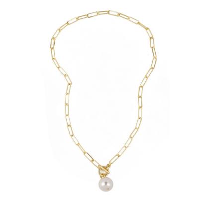 China Environmentally Friendly Rope Chain Pin Necklace For Women Hollow Out Rectangular Imitation Pearl Ball Pendant Necklace Women for sale