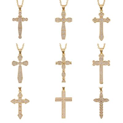 China Gold CLASSIC Cross Brass Diamond Zircon Necklace Christian Catholic Cross For Necklaces for sale