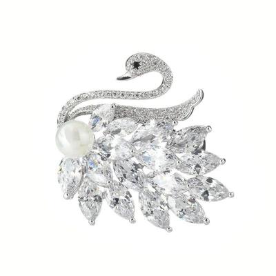 China Wholesale High Quality Micro Inlaid Zircon New Fashion Brooch Pin Brass Pearl Women's Shell Brooch Swan Stone for sale