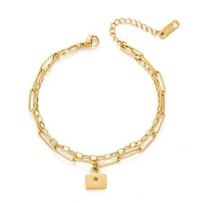 China Gold Plated Love Lock Charm Bracelet Women Adjustable Custom Exquisite Environmentally Friendly Double Layers Stainless Steel Bangle for sale