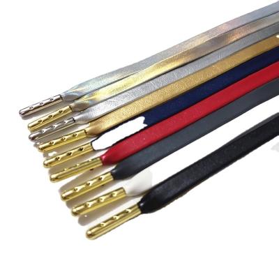 China Flat Wholesale Pu Leather Shoelaces Luxury Leather Shoe Laces With Gold Tips Aglets Soft Boot Laces For Leather Boot Sneakers Laces for sale