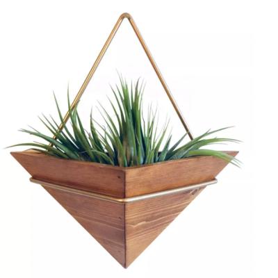 China Modern Gold Metal Triangle Wall Hanging Planter Wooden Wall Shelf Plant Rack for sale