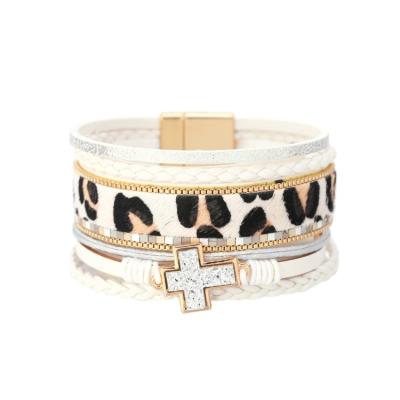 China BOHEMIA Alloy Leopard Print Magnetic Leather Bracelet Jewelry Designer Bangle Bracelets Women Natural Stone Cross Charms For for sale