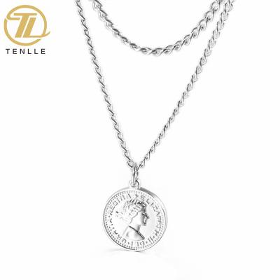 China FASHIONABLE Simple Elegant Double Chains Stainless Steel Round Pendant Necklace for sale