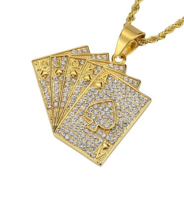 China TRENDY Mens Jewelry Pave Rhinestone Crystal 18K Gold Plated Stainless Steel Poker Card Pendant for sale