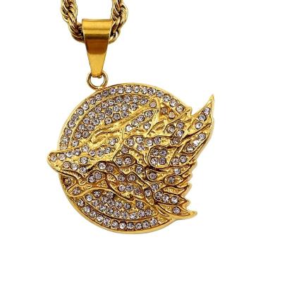 China TRENDY Stainless Steel HIP POP Jewelry Gold Plated Round Tag With Crystal Wolf Pendant Necklace For Men for sale