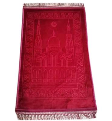 China Factory Wholesale Supplier Non-Slip Red Color Solid Quality Embossed Raschel Muslim Prayer Rug With Fringes 80*120cm for sale