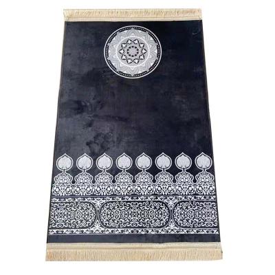 China Hot Sale Non-Slip Quality Supplier Factory Muslim Black Color Printed Embossed Raschel Prayer Mat With Fringes For Kids Prayer for sale