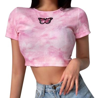 China Anti-pilling Top Design Wholesale Customized Butterfly Pink Ladies Grow Top Link Dye for sale