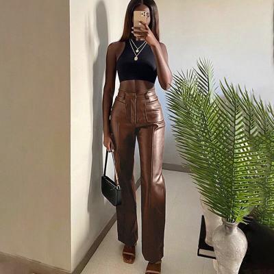 China 2021 fashion fall 2021 fashion anti-wrinkle women casual wear high black stacked straight PU leather pants for women for sale