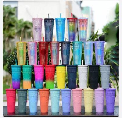 China Stocked Hot sale reusable diamond drinking cups water bottle eco-friendly 24oz 710ml multi color black tumbler with lid and straw for sale