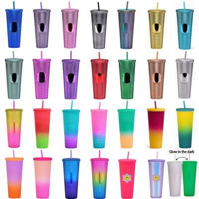 China Stocked wholesale custom cold coffee mug double wall plastic water bottle matte coffee cups 24oz diamond tumbler with straw for sale