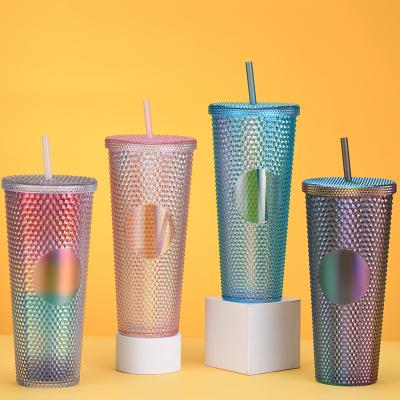 China Stocked 2023 New Hot Small MOQ DIY Available 24OZ Double Wall Coffee Grid Pineapple Cup Matte Plastic Diamond Tumbler With Straw for sale