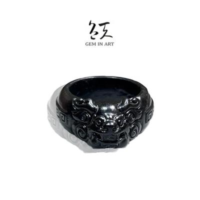 China Cute Magic Talisman Amulet Geminart Dragon Pixiu Ring Jade Blackgold Ring Lucky Ring for sale