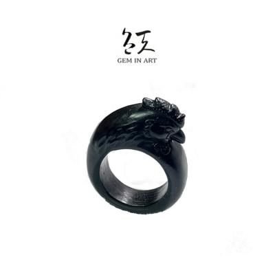 China Blackgold Cute Jade Ring Chinese Zodiac Year Of The Sign Phoenix Animal Head The Year Of The Rooster for sale