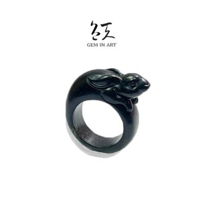 China Cute Bunny Ring Jade Blackgold Good Luck For The Year Of The Bunny Amulet Ring Talisman 2023 for sale