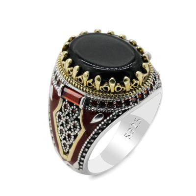 China TRENDY Men Fashion Yellow Gold Black Plated Ring Custom Red Hop 925 Sterling Silver Enamel Hip Engagement Turkish Jewelry Metal Rings for sale