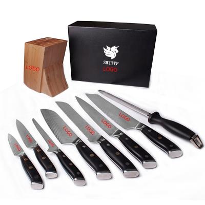 China Sustainable High End Unique Pattern Blade Damascus Knife Set Forge Steel Kitchen Knife for sale