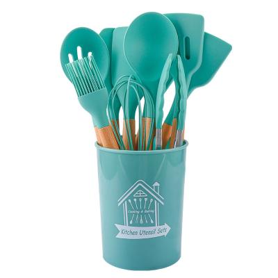 China YiHai Silicone Kitchen Utensil Disposable Aqua Cooking Tool Accessories With 12Pcs Wooden Handle Nonstick Cookware Sets For Home for sale