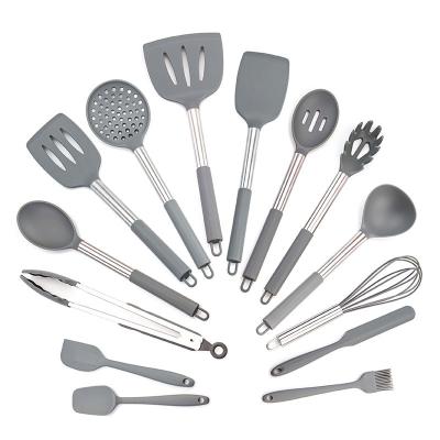 China Sustainable YiHai Kitchen Tools Cooking Kitchen Utensil Set Silicone And Wooden Utensils Sets Nylon And Stainless Steel 12 Pcs Utensils Gray for sale