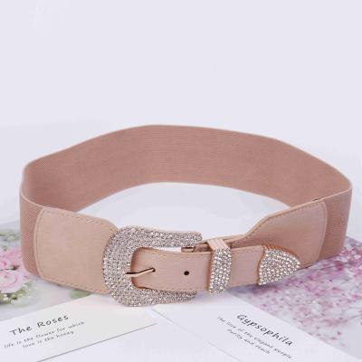 China Lady Skirt Pu Leather Women's Elastic Waistband Private Label Luxury Rhinestone Zinc Alloy Buckle Elastic Band Belt for sale