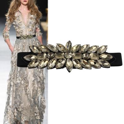 China PU Fashion Korean Wild Rhinestone Inlaid Elastic Trend Crystal Flower Ladies Wild Ladies Belt for sale