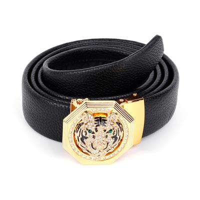 China Luxury Famous Business Ratchet Belts Tiger Head Automatic Pin Buckle Cowhide Genuine Leather Belt Mens Diamond Belt for sale