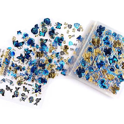 China Easy Apply 30pcs Gold 3D Blue Nail Art Sticker Hollow Decals Mixed Designs Flower Nail Tips Letter Butterfly Nail Adhesive Sticker For Kids for sale